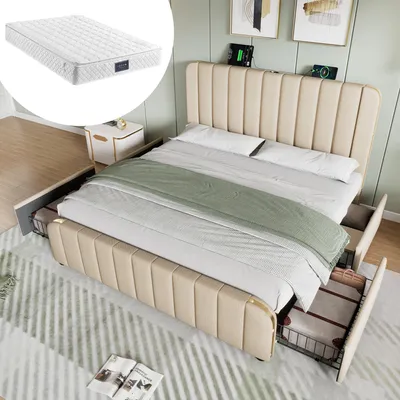 Produktbild von Polsterbett Doppeltes,  Kopfteil mit goldenen Zierstreifen und ,USB Typ-C  160 x 200 cm, mit 4 Schubladen , Mit Matratze