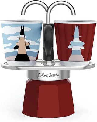 Produktbild von Italienische Kaffeekanne Set + 2 Tassen, BIALETTI Mini-Express MAGRITTE, Inox, Rot