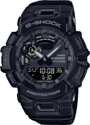 A black Casio G-Shock watch is shown against a black background.