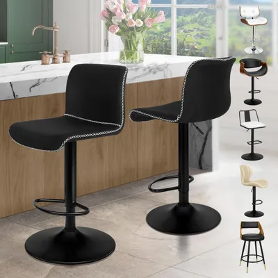 Productafbeelding van Barstoelen, set van 2, in hoogte verstelbaar, draaibare stoelen met rugleuning, linnen, zwart