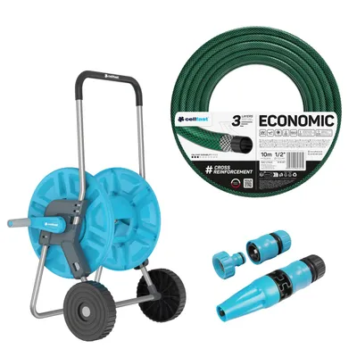 Immagine prodotto di Carrello portatubo Cellfast Aluplus da 1/2" 60 m + tubo da giardino Cellfast Economic da 1/2" 10 m + set con ugello spruzzatore Cellfast Basic da 1/2"
