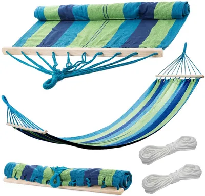 Obrázek produktu pro Verk Hamaka houpací síť dřevo 200 x 80 cm modré pruhy