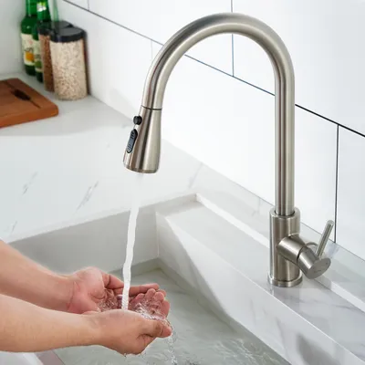 A person is washing their hands under a kitchen faucet.