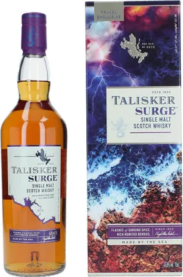 A bottle of Talisker Surge single malt Scotch whisky and its accompanying box.