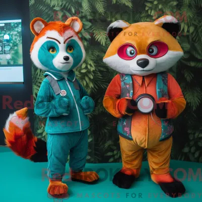 Produktbild von Maskottchen REDBROKOLY eines blaugrünen Roten Pandas mit Spielanzug und Digitaluhren