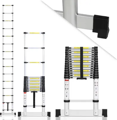 Produktbild von Bettizia Premium Alu Teleskopleiter Ausziehleiter Klappleiter Höhe 4,4M Antirutsch Mehrzweckleiter mit Stabilisator