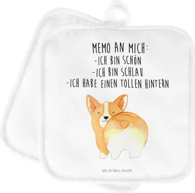 Produktbild von Mr. & Mrs. Panda Topflappen Corgi Po - Weiß - Geschenk, Corgie, Spruch, Positiv, Achtsamkeit, Hund, topfhalter, Sprüche, Topfuntersetzer, Ofenlappen, Set, Kochlappen