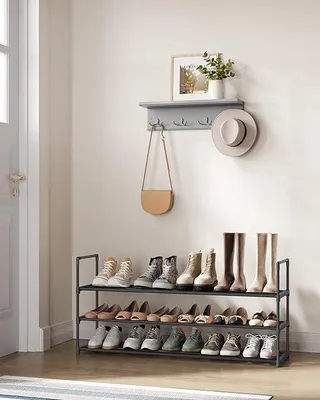 Produktbild von Famanu Schuhregal mit 3 Ebenen, stabiles Metall, Schuhorganizer für 15-18 Paar Schuhe, stapelbar, 30 x 116 x 55 cm, schwarz