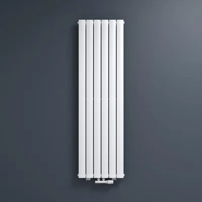 A white vertical radiator mounted on a dark gray wall.