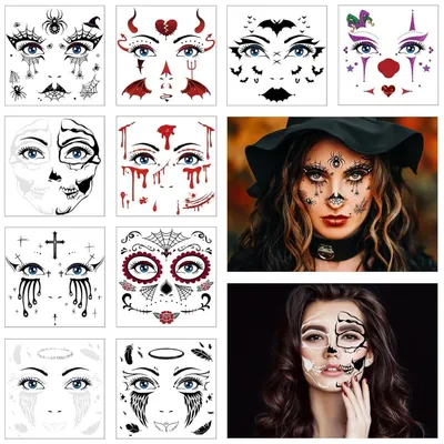 Produktbild von Temporäre Tattoos Gesicht 10 Blätter Halloween Dia De Los Muertos Karneval Fasching Kostüm