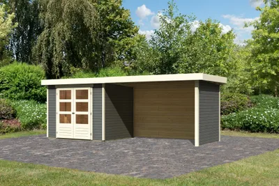 Produktbild von Karibu Gartenhaus Gerätehaus Askola 3 im Set mit Anbaudach 2,80 m Breite und 19 mm Seiten- Rückwand terragrau 497x217x211 cm
