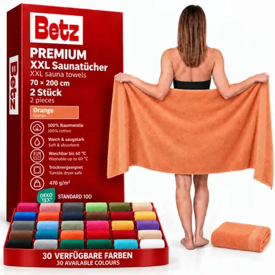 Image de Betz, lot de 2 serviettes de sauna, 70 x 200 cm, qualité PREMIUM, 100% coton. Serviette de bain, serviette de plage, serviette de sol. Couleur : orange