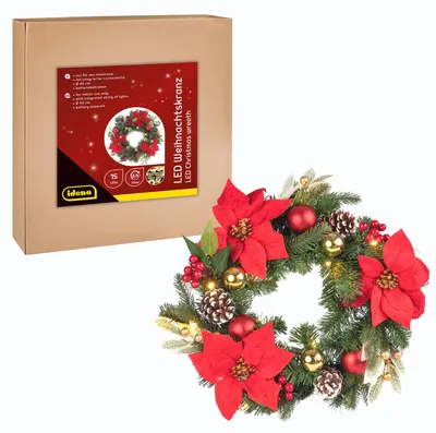 LED-Adventskranz 40 cm, 15 warmweiße LEDs, Timer, rot-gold