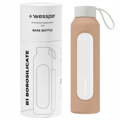 Produktbild von Wessper Trinkflasche aus Glas mit Silikonhülle – 0,5 L – mit Zeitmarkierungen – Beige