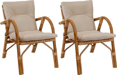 Zdjęcie produktu dla KRINES HOME Zestaw 2 rattanowych foteli RELAX wykonanych z rattanu i naturalnej trzciny Wiklinowy fotel z podłokietnikami w stylu śródziemnomorskim (wiklina z tapicerką)