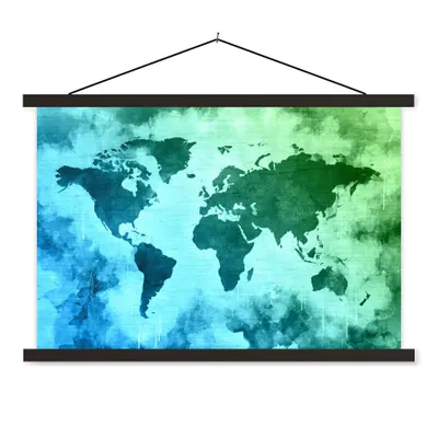 Produktbild von MuchoWow® Textilposter Weltkarte - Blau - Grün 60x40 cm mit schwarzem Rahmen - Hölzernes