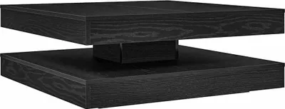 A black, square coffee table with a rotating top.