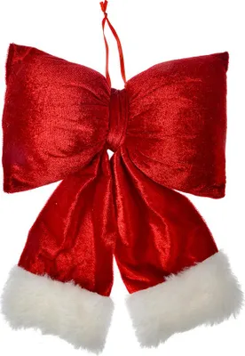 A red velvet bow with white trim, likely a Christmas decoration.