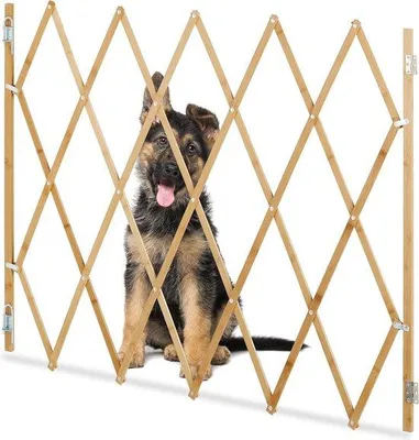 Zdjęcie produktu dla Rozsuwana bambusowa bramka dla psa - 17-130 cm szerokości - 87,5-100 cm - Bramka zabezpieczająca na schody i drzwi - Naturalna