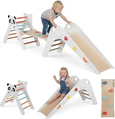 Imagen del producto de Silecomplaza, juego de 3 triángulos de escalada para interior, estructura de escalada plegable de madera con tobogán, rampa y escalera de escalada, incluye juego de bloques, triángulo de escalada para niños a partir de 3 años (de colores)