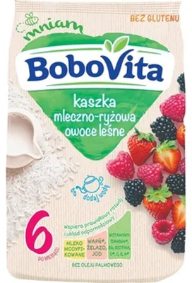 Productafbeelding van BoboVita melk-rijstpap met bosvruchten, geschikt voor kinderen vanaf 6 maanden, 230 gram