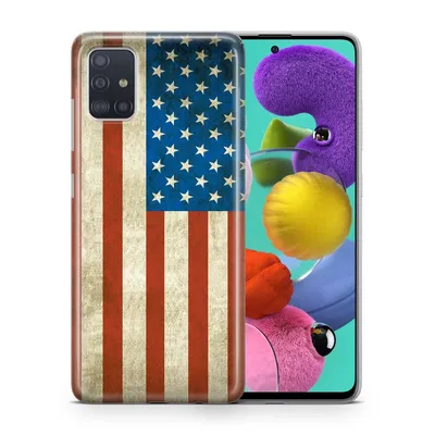 A smartphone case with an American flag design is shown in front of a blurred background with colorful objects.