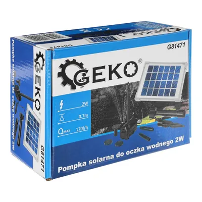 The image shows the packaging of a solar water pump.