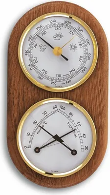 A wall-mounted weather station with a barometer and thermometer/hygrometer, set against a white background.