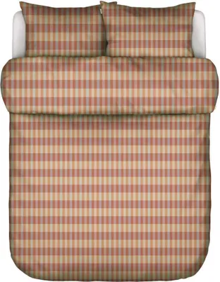 A top-down view of a neatly made bed with a plaid duvet cover and two pillows.