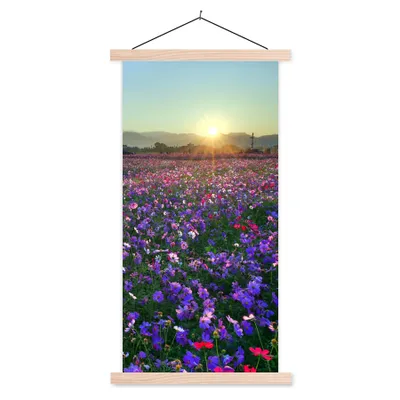 Produktbild von MuchoWow® Textilposter Blumen - Lila - Sonnenuntergang 60x120 cm mit holzfarbenen Rahmen - Holz