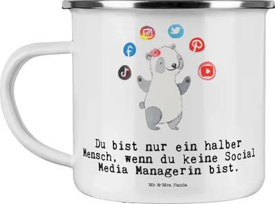 Produktbild von Mr. & Mrs. Panda Teetasse Social Media Managerin Herz - Weiß - Geschenk, Pott, Emaille Tasse, blechbecher, Motivtasse, Teebecher