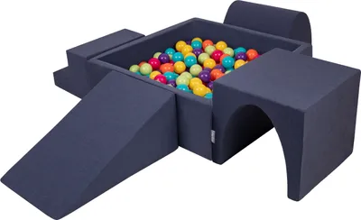 Produktbild von KiddyMoon spielplatz aus schaumstoff mit quadrat bällebad (300 bälle) ballgruben für babys spielbad hindernisläufen, hergestellt in der eu, dunkelblau:helgrün/gelb/türkis/orange/dpink/violet