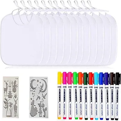 Image de Kit d'art pour enfants - 12 toiles blanches avec des peintures pour tissu et des coloriages