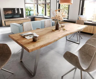 Produktbild von DELIFE Esstisch Edge 280x100 XL Akazie Natur Edelstahl Schräg Live-Edge