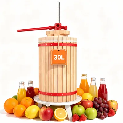 Obrázok produktu pre YARDIN 30L lis na ovocie a šťavu, ručný lis s dreveným (dubovým) závitom, vrátane plachty, určený pre domácnosť, záhradu a amatérske vinárstvo