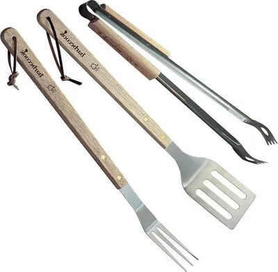 Produktbild von Grillwerkzeug-Sammlung mit Grillzange, Grillheber und Holzspießgabel aus Edelstahl und Naturholz