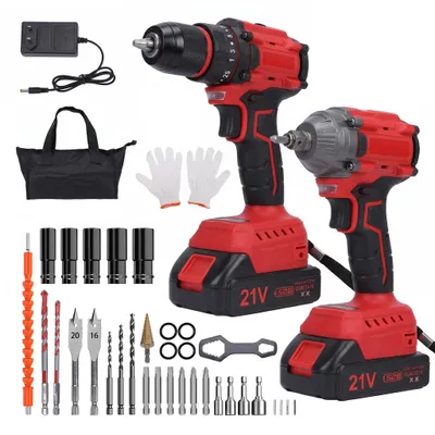 Produktbild von 21V Akku-Schlagbohrschrauber Schlagschrauber-Set, 350N und 40N Drehmoment, 2x 1300Ah Batterie, Aufbewahrungstasche, viel Zubehör, bürstenlosem Motor