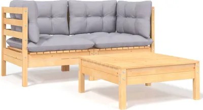 Obrázok produktu pre 3-dielny záhradný sedací set so sivými sedákmi borovicový masív