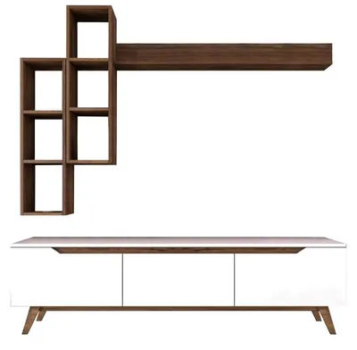 Image de Meuble TV Banc TV en Bois MDF blanc et noyer - L 180 × P 35 × H 48,6 cm - Style scandinave