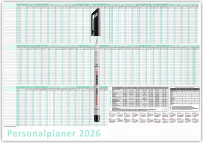 Produktbild von Urlaubsplaner / Personalplaner 2026 nass abwischbar mit Folienkaschierung plus Folienstift - DIN B2 Format (700 x 500mm) 22 Mitarbeiter Januar bis März Folgejahr mit Schulferien (gerollt!)