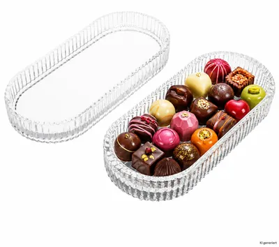 Obrázek produktu pro Elegantní bonboniéra se skleněným víkem, oválného tvaru, vhodná pro čokoládové pralinky nebo jako šperkovnice