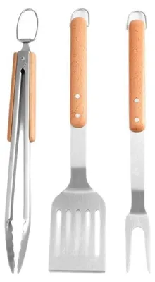 Produktbild von INF 3-teiliges Grillbesteck aus Edelstahl mit Buchenholzgriffen – Pfannenwender, Gabel und Zange, tragbares silbernes Grillset