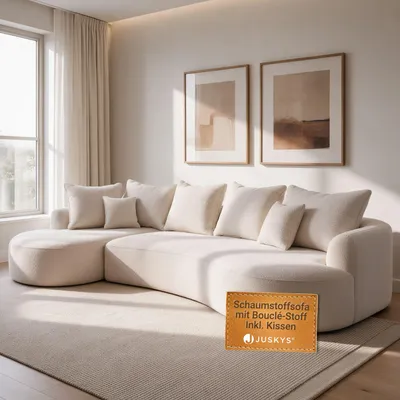 Produktbild von Juskys Sofa Tirano - modernes Bouclé Ecksofa, Creme Couch mit Ottomane links