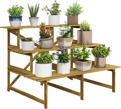 Produktbild von Blumenregal aus Tannenholz, 3-stufig, 120x80x78cm, Pflanzentreppe, Blumenständer