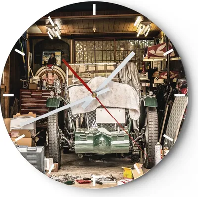 Produktbild von Wanduhr - Rund - Glasuhr - Historisch Auto Garage - 30x30cm - Schleichendes Uhrwerk - Lautlos - zum Aufhängen bereit - Dekoration Modern - Wanddekoration aus Glas - C3AR30x30-4562