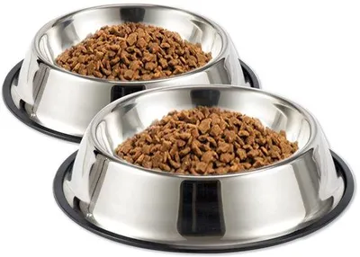 Image de Lot de 2 gamelles en acier inoxydable pour la nourriture et l'eau, avec base antidérapante en silicone, pour chiens et chats