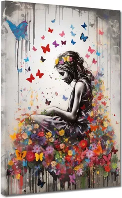 Produktbild von Mädchen mit Blumen Street Art Leinwandbild Wandbild Kunstdruck XL Wanddeko: 120x160x4cm