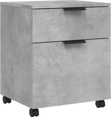 A concrete-effect mobile filing cabinet with two drawers and wheels.