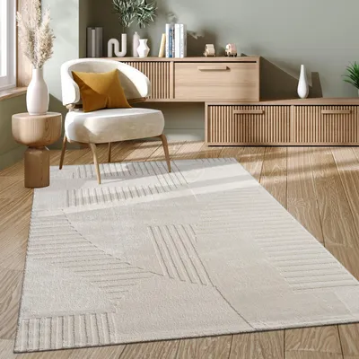 Produktbild von Teppich Wohnzimmer Kurzflor Moderner Japandi Stil 3D Effekt Einfarbig Grösse 200x290 cm