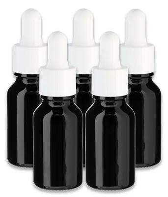 Produktbild von 5x Schwarze Glasflasche 15 ml mit weißer Pipette – Tropfflasche